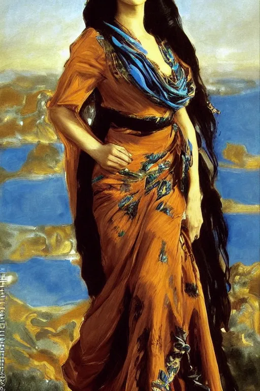 Prompt: monica bellucci as a persian girl with arabesque blue and golden detailed scarf near and mexican palms, painting by john singer sargent