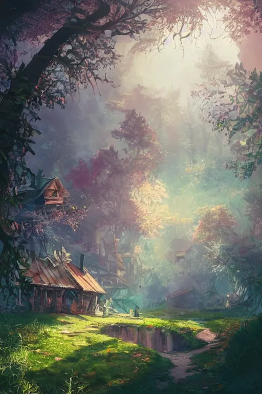 Prompt: a cheerful and whimsical ramshackle multistory hut in the woods, intricate, elegant, fantasy, highly detailed, digital painting, concept art, sharp focus, illustration, beautiful volumetric lighting, epic light, artstation, magic hour lighting, colorful, sunshine, springtime, art by Sylvain Sarrailh