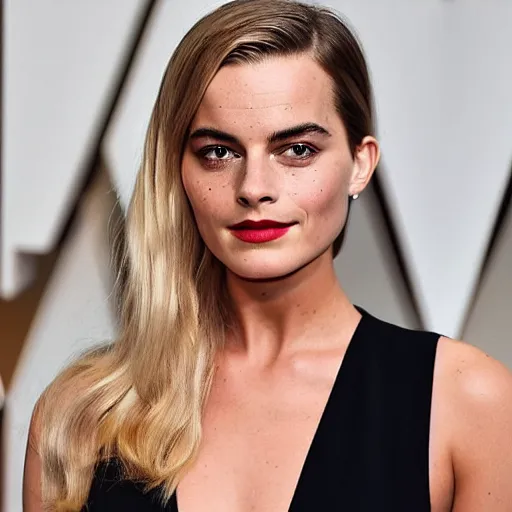 Image similar to a woman who is a genetic combination of margot robbie and emma watson face and upper - body focus