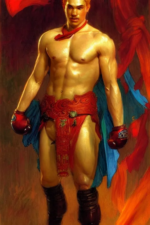 Image similar to male, fighter with magic power, red hair, character design, ming dynasty, colorful, painting by gaston bussiere, craig mullins, j. c. leyendecker, tom of finland