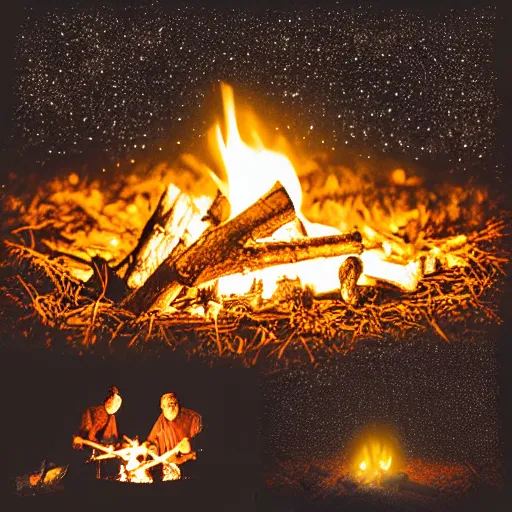 Image similar to a comfy crackling outdoor campfire in front of a very dark background of yellow illustrated stars, astrophotography, warm muted colors, cut paper photo collage with photograph and illustration