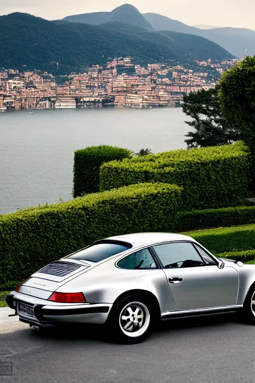 Image similar to Photo of a silver Porsche 911 Carrera 3.2, Lake Como in the background, daylight, dramatic lighting, award winning, highly detailed, 1980s Versace ad, fine art print, best selling.