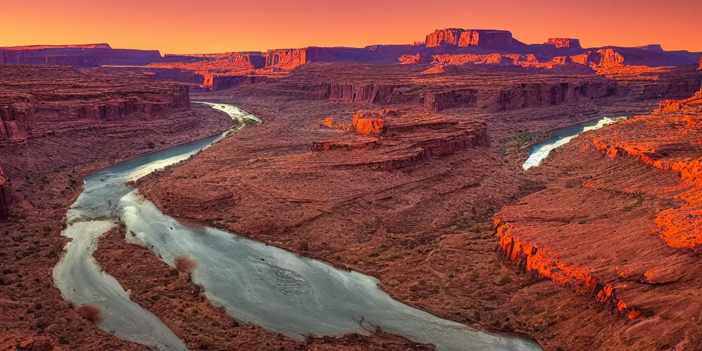 Image similar to “a river bend running through a canyon surrounded by desert mountains at sunset, moab, utah, a tilt shift photo by Frederic Church, trending on unsplash, hudson river school, photo taken with provia, national geographic photo”