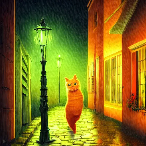 Prompt: a cute orange tabby cat with green on an old street, it is night and raining, street lamps are illuminating the street, moody lighting, peaceful atmosphere, digital art, highly detailed, high contrast, beautiful lighting, award winning, trending on art station, 8 k,