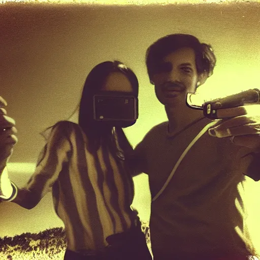 Prompt: two people taking the first sellfie with an alien , polaroid vintage effect