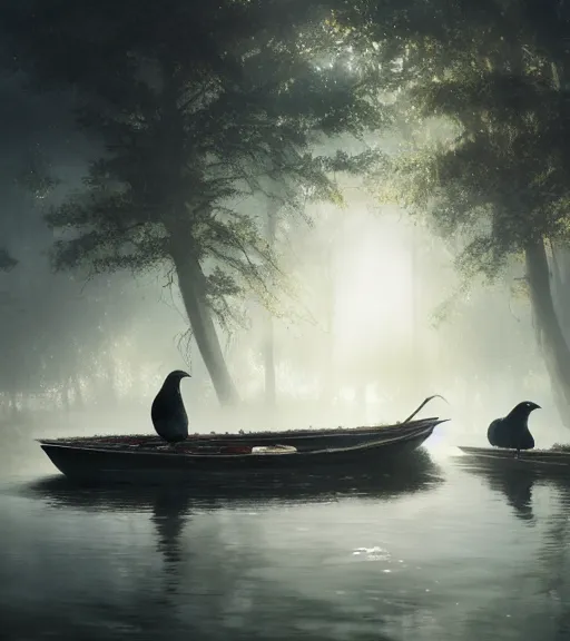 Prompt: three long legs long beak crows in a little boat in a swamp, volumetric lighting, majestic light, octane render, ethereal glare of the sun, hyperrealistic, epic, masterpiece, by greg rutkowski