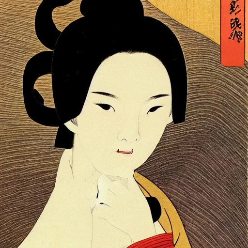 Image similar to portraite of a gorgeous devil woman portrait by ikenaga yasunari and ayana otake and ko rakusui, 6 0 s poster, drawing, realistic, sharp focus, japanese, dreamy, nostalgia, faded, golden hues,