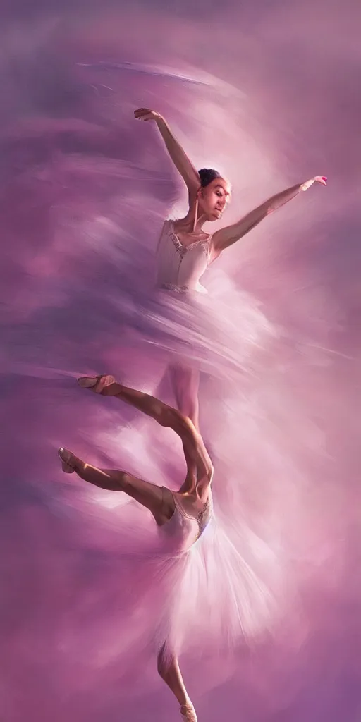 Prompt: prima ballerina dancing in the wind, beautiful, ethereal, gorgeous, volumetric lighting, elegant, fluid, pink, highly detailed oil painting, digital painting, concept art, highly detailed, smooth, sharp focus, illustration, strong lines and bold colors, limited color palette, atmosphere and tension, japanese, trending on artstation