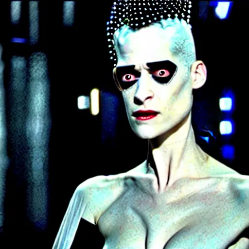 Prompt: cinematic portrait of kristen mcmenamy as bride of frankenstein as a replicant in a busy nightclub, frightened and angry, still from the movie ex machina, fashion photography, a sign is in the background, 8 k, high detail, face in focus