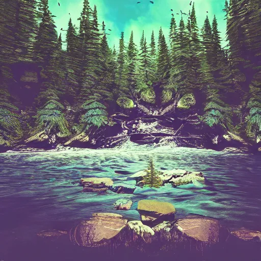 Image similar to a beautiful landscape, river, rocks, trees, glitch, glitchy, vhs