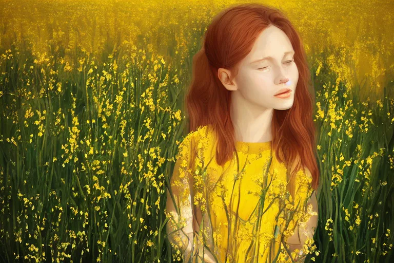 Prompt: a young girl stands alone in a field of yellow flowers, she is wearing a simple white dress, her red hair is pulled up in a ponytail, her face is serene, digital art, illustration, fantasy art, portrait, portrait painting, digital art, realistic, fine arts, digital, detail, image, picture, realistic
