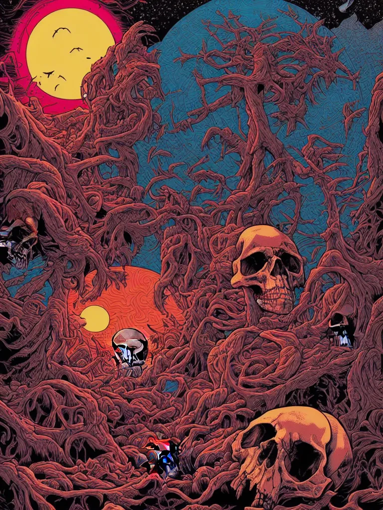 Image similar to Death's dreamscape by Dan Mumford, skull by Josan Gonzalez, sunset by Laurie Greasley, death skull, sunset