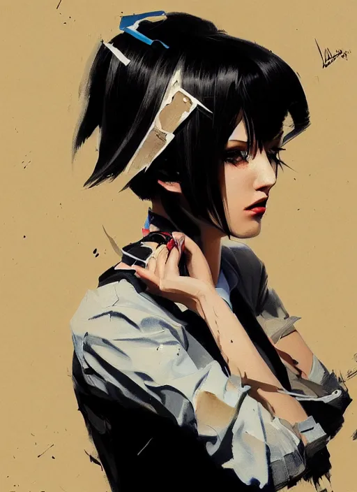 Prompt: a ultradetailed beautiful panting of a stylish woman wearing a shirt with a tie, she has black hair, distressed, background explosion, by ashley wood, ilya kuvshinov, greg rutkowski on artstation