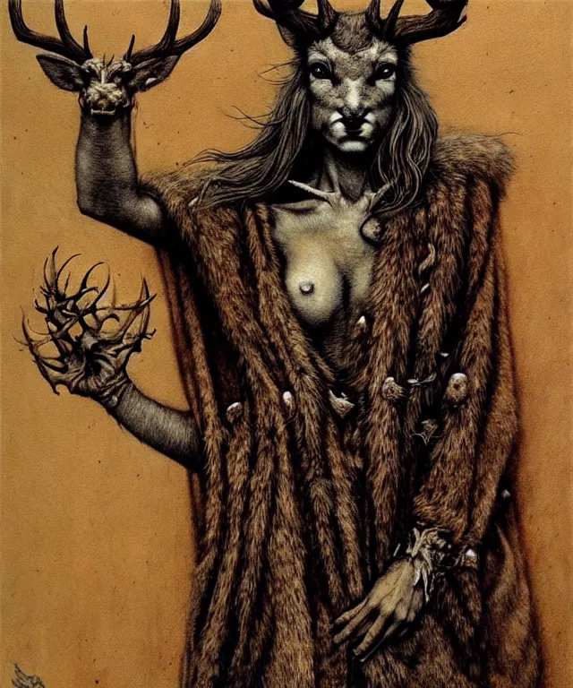 Prompt: A detailed horned cute deerwoman stands among the mountains with a rings on hands. Wearing a ripped mantle, robe. Extremely high details, realistic, fantasy art, solo, masterpiece, art by Zdzisław Beksiński, Arthur Rackham, Dariusz Zawadzki