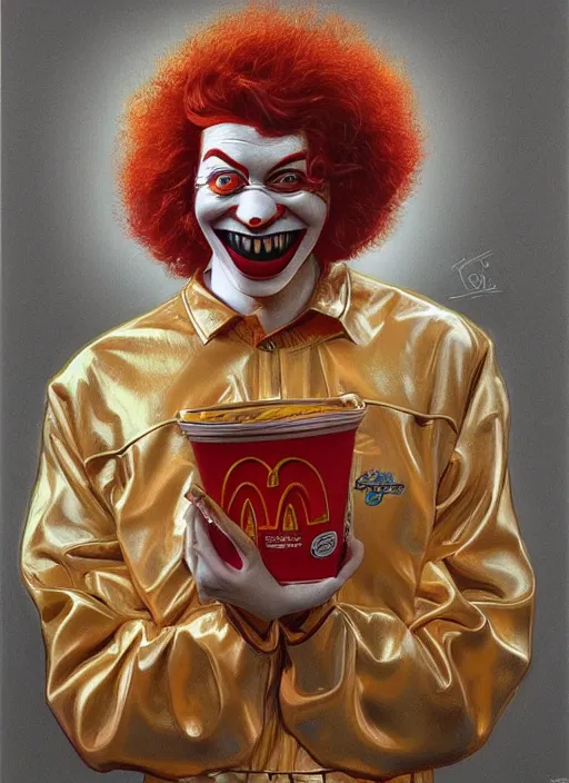 Image similar to portrait of Ronald McDonald in Society (1989), intricate, highly detailed, centered, digital painting, artstation, concept art, smooth, sharp focus, illustration, artgerm, donato giancola, Joseph Christian Leyendecker, WLOP, Artgerm