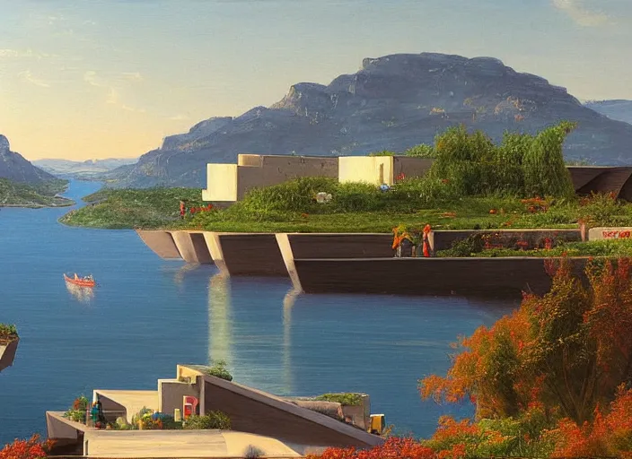 Prompt: painting of moshe safdie's habitat 6 7 in front of beautiful mountains by thomas cole