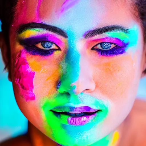 Image similar to a photo of a female smiling, painted her body with ultraviolet paint, 5 0 mm lens, f 1. 4, sharp focus, ethereal, emotionally evoking, head in focus, volumetric lighting, 8 k