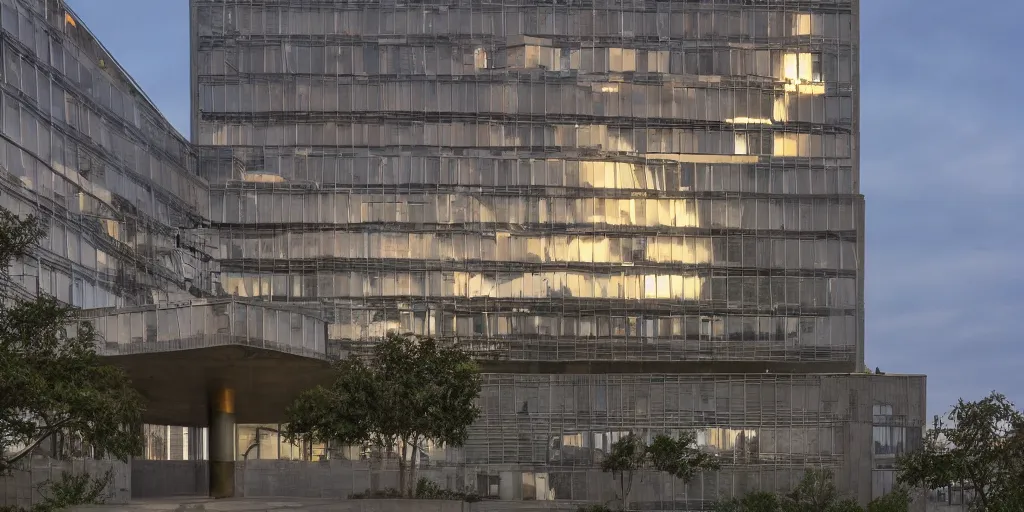 Image similar to wide angle photo of brutalist building made from reflective nickel chrome with copper and gold. twilight. highly reflective and shiny. frank loyde wright