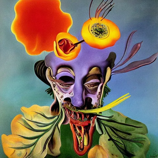 Image similar to carnivorous flower by Salvador Dali painting, ultra detail, brush strokes, teeth.