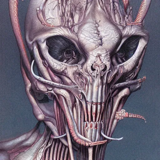 Prompt: portrait of biomechanical being without eyes by wayne barlowe