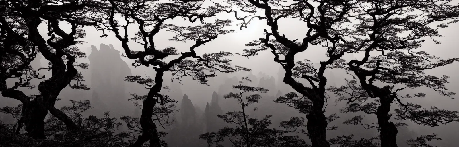 Image similar to A beautiful landscape photography of Zhangjiajie mountains, an intricate tree in the foreground, sunset, dramatic lighting by Anselm Adams and Albrecht Durer, chiaroscuro, shadow and light,