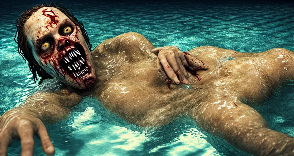 Prompt: highly detailed full body portrait of a zombie swimming underwater in a zombie - apocalypse, in a swimming pool, by stephen bliss, octane render