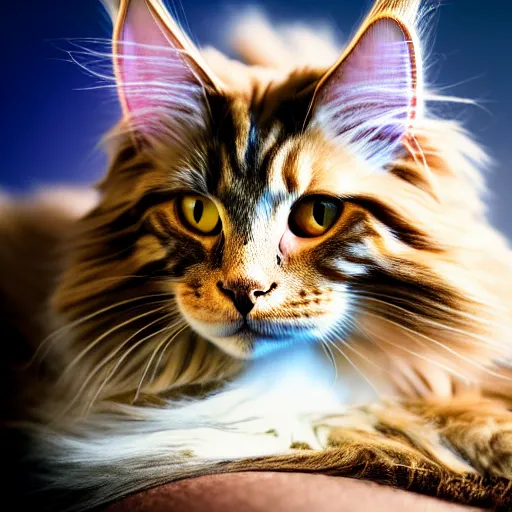 Image similar to portrait cream color maine coon cat curled up, bay window sofa, 8K, 4K, digital art, palette knife, oversaturated lens flair, bokeh, sunbeam, UE5, sumi-e