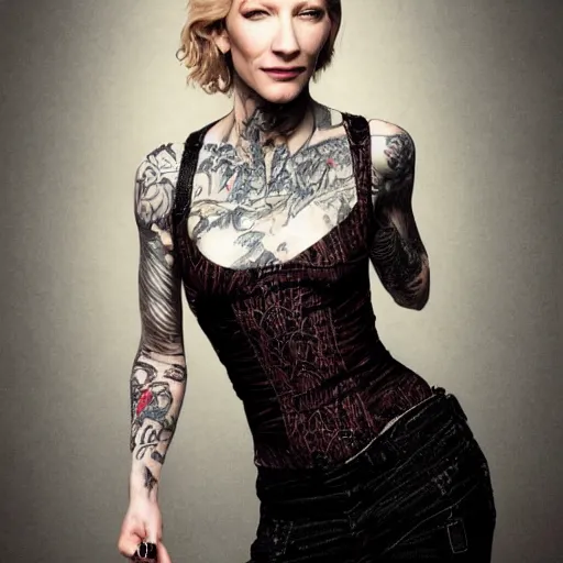 Image similar to full body tattooed cate blanchett, highly detailed, photorealistic, 4k