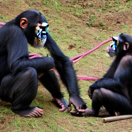 Prompt: chimpanzee grooming human, chimpanzee picking lice out of person's hair, photograph