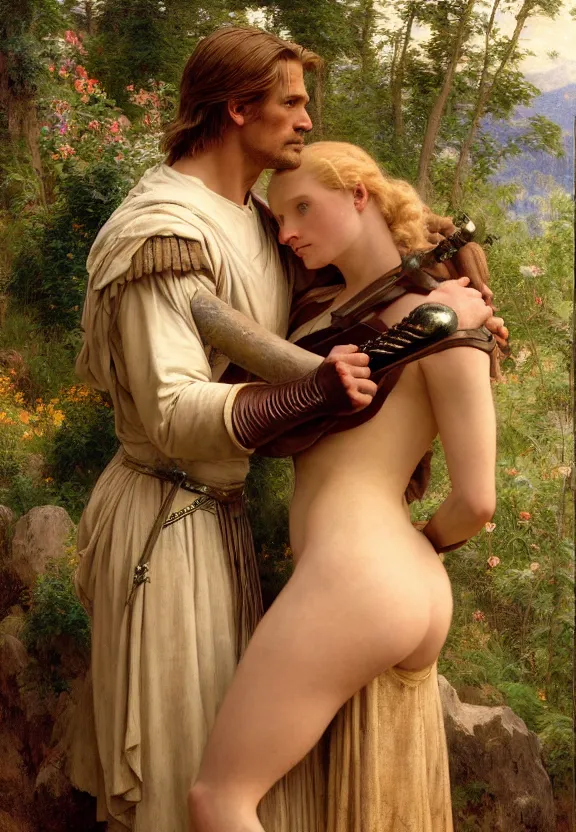 Image similar to attractive handsome fully clothed jaime lannister confesses his love for attractive fully armored brienne of tarth. centered composition. arthurian mountain and forest background. highly detailed painting by gaston bussiere and j. c. leyendecker and william adolphe bouguereau and fra angelico and octane render, musee d'orsay 8 k