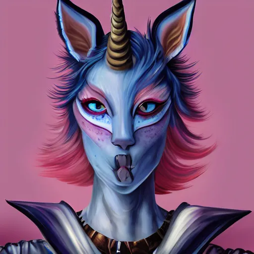 Image similar to Beautiful portrait digital painting, oil painting, anthro anthropomorphic unicorn androgynous , at a lake anarchist anarcho-punk Punk Punk outfit. furaffinity, artstation