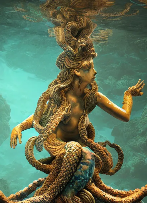 Image similar to confluence of aquatic wild life, medusa statue underwater. magical, epic, particles, compute shader, underwater, fantasy, painting, detailed, paid artwork, portfolio, epic lighting