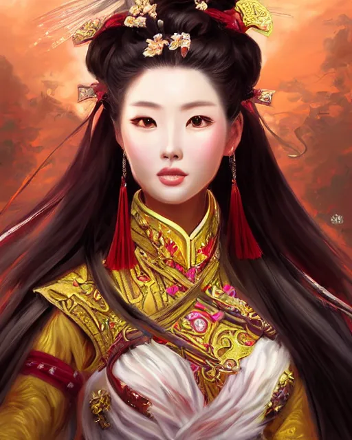 Image similar to beautiful portrait of diao chan , tzuyu from twice in romance of three kingdoms in the paintetly style of WLOP, artgerm, brush stroke oil painting, dynamic lighting, imagine fx, artstation