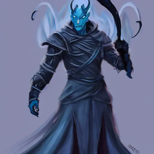 Image similar to D&D character concept art of a cloaked tiefling, tiefling rogue, blue skin color with short horns and a devil tail, fighting pose of a Rogue holding daggers, black cloak hidden in shadows, full body pose, soft colors, fantasy, intricate, elegant, highly detailed, digital painting, artstation, concept art, smooth, sharp focus, illustration, wide angle shot, full body visible, art by artgerm and H R Giger and alphonse mucha