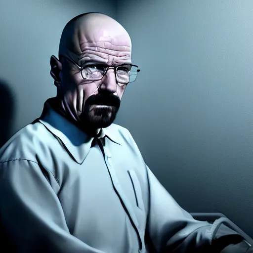 Image similar to Walter White from Breaking bad dying of laughter, cinematic lighting, photorealism,