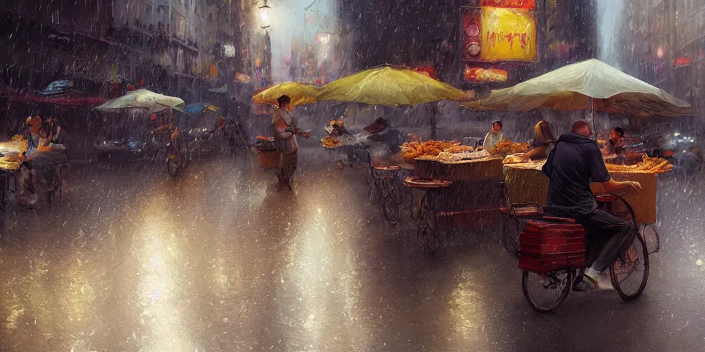 Prompt: POV the street food vendor is preparing your meal as it rains, cozy wallpaper, 4k, high details, volumetric dynamic lighting, motion blur, blur, bokeh, trending on Artstation, award-winning, art by Greg Rutkowski