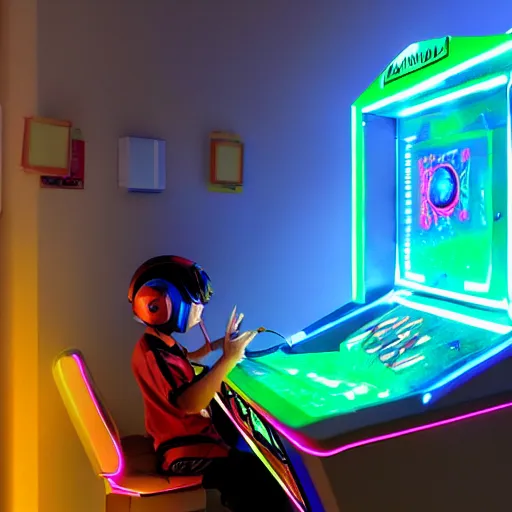 Prompt: a magic gaming machine connected to a boy with a helmet and electric cable with colorfull rays of light illuminate the environment by vanessa morales, studio ghibli,