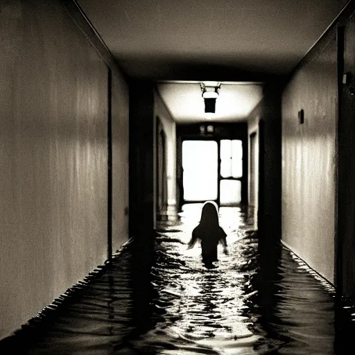 Prompt: a flooded creepy empty basement hallway with the evil girl from the ring in the dark, shaky, film grain, craigslist photo