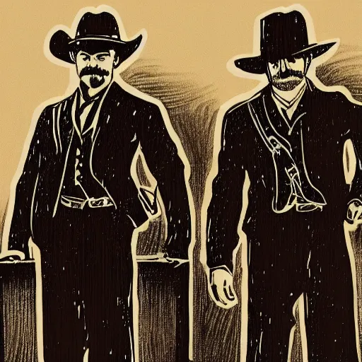 Image similar to hand drawn image of wyatt earp and doc holliday standing on the deck of a spacecraft, inspired by the movie interstellar, high detail