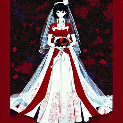 Prompt: yukiko amagi in wedding dress facing viewer by shigenori soejima and shigenori soejima and shigenori soejima and shigenori soejima. romantic, marriage