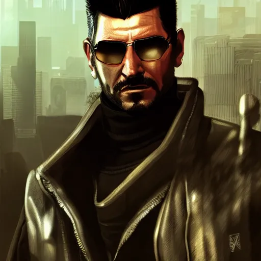 Image similar to Adam Jensen from Deus Ex as a GTA character, by Cedric Peyravernay, highly detailed, excellent composition, cinematic concept art, dramatic lighting, trending on ArtStation