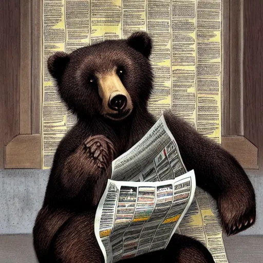 Image similar to a bear wearing a paisley shirt reading newspapers, highly detailed, portrait painting, illustration by scott gustafson and art station