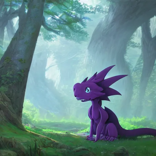 Image similar to concept art painting of an anthropomorphic purple humanoid furry dragon, in the deep forest, realistic, detailed, cel shaded, in the style of makoto shinkai and greg rutkowski and james gurney