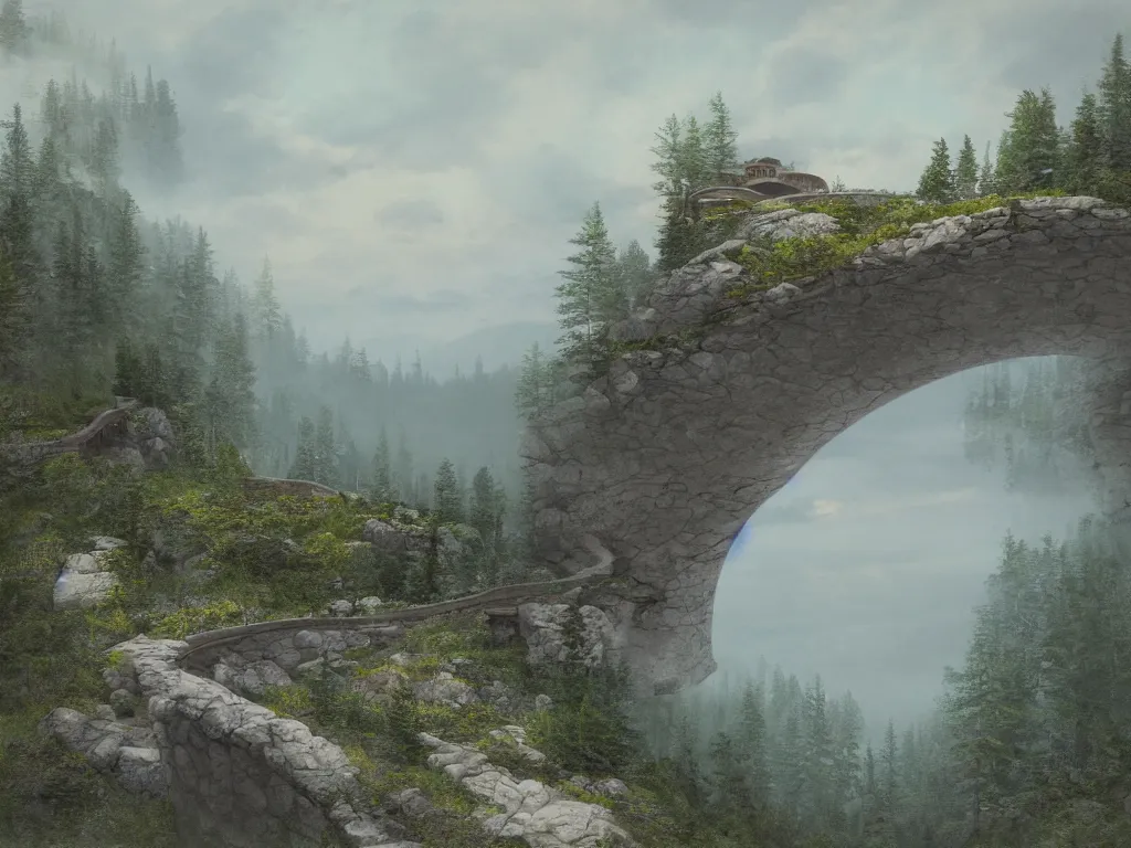 Image similar to A beautiful matte drawing of a small ellipse-shaped building with rounded windows, standing on a large cliff near a coniferous forest. A very thin stone bridge goes over the cliff. View from afar, photorealism, fog, 8k, 16k