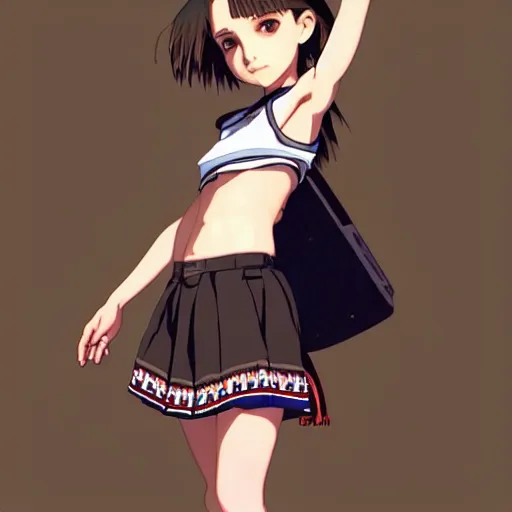 Image similar to a beautiful! boyish! natalie portman alluring gravure! model, wearing catholic school girl outfit with mayan pattern and native style, aztec street fashion, gapmoe yandere grimdark, trending on pixiv fanbox, painted by greg rutkowski makoto shinkai takashi takeuchi studio ghibli, akihiko yoshida