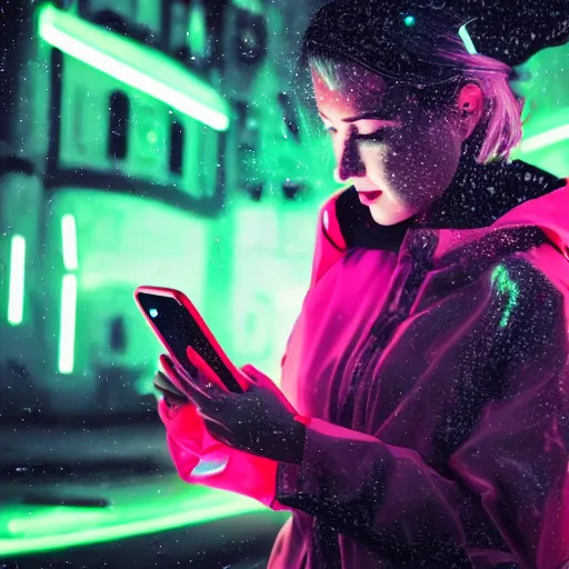 Prompt: a woman in a neon raincoat using a cell phone, cyberpunk art by elsa bleda, featured on shutterstock, panfuturism, neon, futuristic, glowing neon