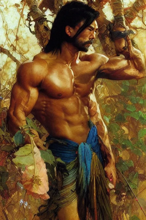 Image similar to attractive muscular man, wuxia, colorful, painting by gaston bussiere, craig mullins, greg rutkowski, alphonse mucha