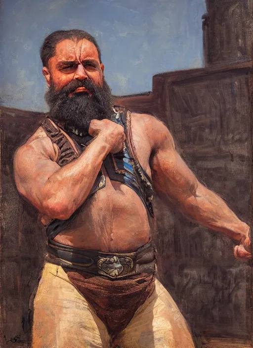 Prompt: Old west circus strongman (rdr2). Iranian orientalist portrait by john william waterhouse and Edwin Longsden Long and Theodore Ralli and Nasreddine Dinet, oil on canvas. Cinematic, hyper realism, realistic proportions, dramatic lighting, high detail 4k