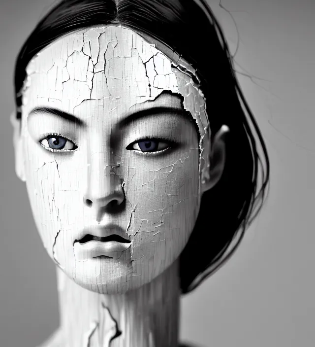 Image similar to photography facial portrait of real white ceramic japanese porcelain sculpture of a woman looking like megan fox delicate partially cracked broken, nacred white, natural background, natural pose, back lighting, translucent, thin porcelain, porcelain cracks and peeled painted, translucent, subscattering, highly detailed,, photography by paolo roversi, nick knight, helmut newton, avedon, araki