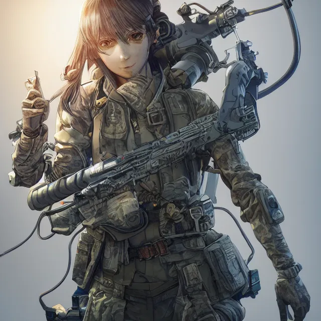 Image similar to the portrait of lawful neutral female futuristic marine sniper as absurdly beautiful, gorgeous, elegant, young anime girl, an ultrafine hyperdetailed illustration by kim jung gi, irakli nadar, intricate linework, bright colors, octopath traveler, final fantasy, unreal engine 5 highly rendered, global illumination, radiant light, detailed and intricate environment